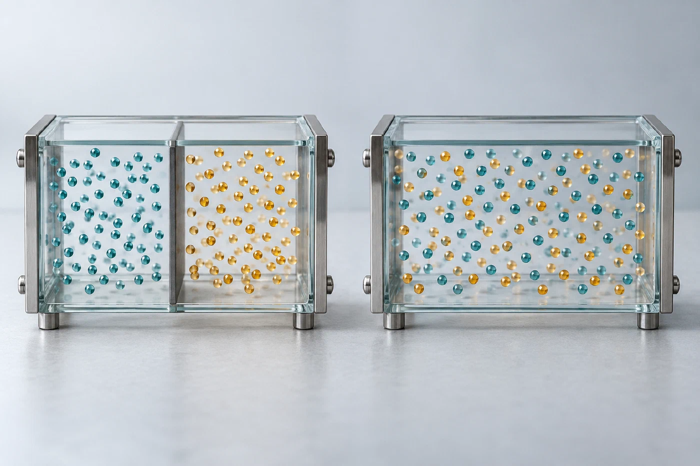 同一容器中两种颜色的粒子由分处两边逐渐变成混合状态