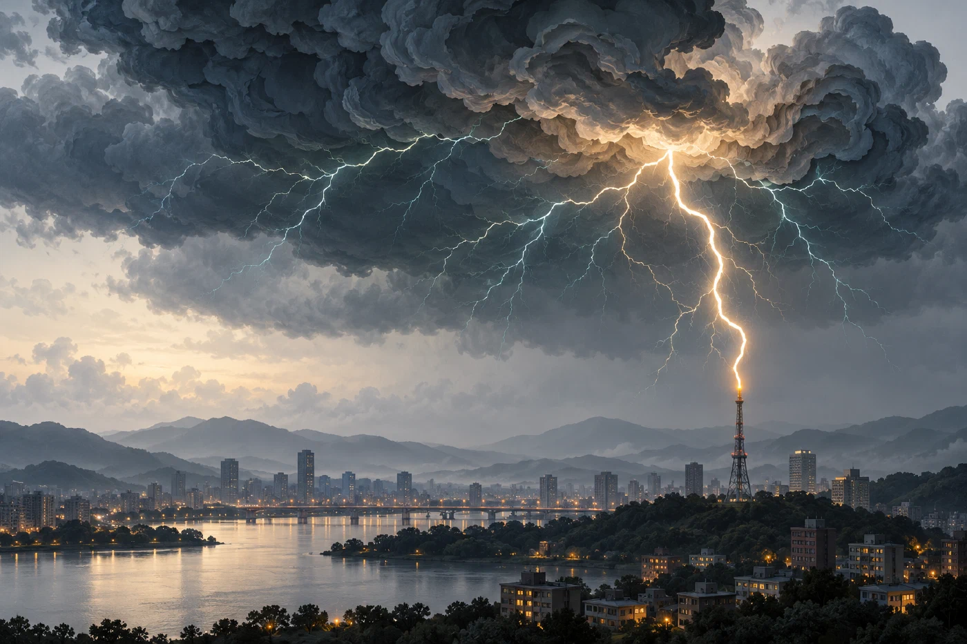 积雨云与地面之间弯折的发光通道，旁边有未接通的分支
